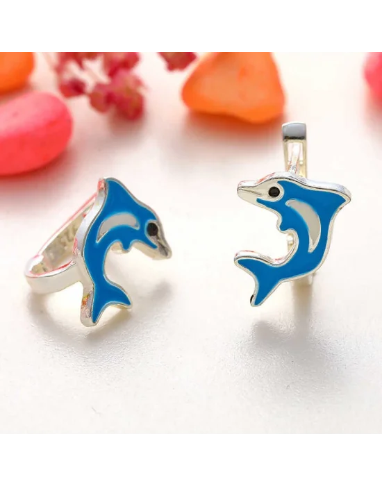 Gümüş Mavi Yunus Balığı Çocuk Küpesi