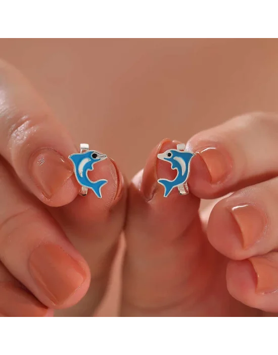 Gümüş Mavi Yunus Balığı Çocuk Küpesi