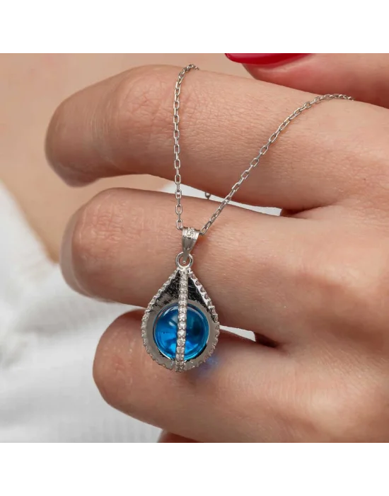 Gümüş Mavi Zirkon Taşlı Küre Kadın Kolye