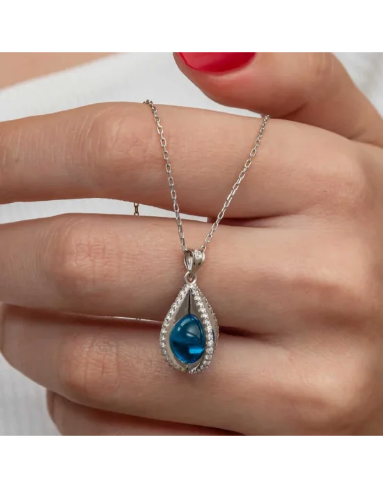 Gümüş Mavi Zirkon Taşlı Küre Kadın Kolye