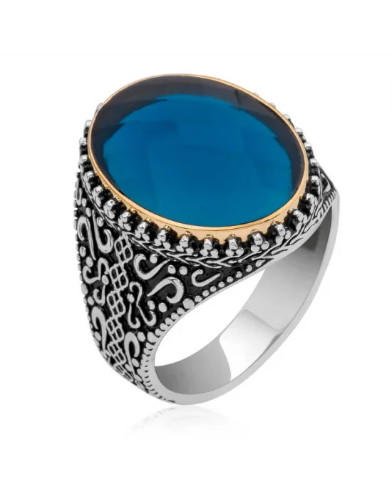 Gümüş Mavi Zirkon Taşlı Oval Erkek Yüzük