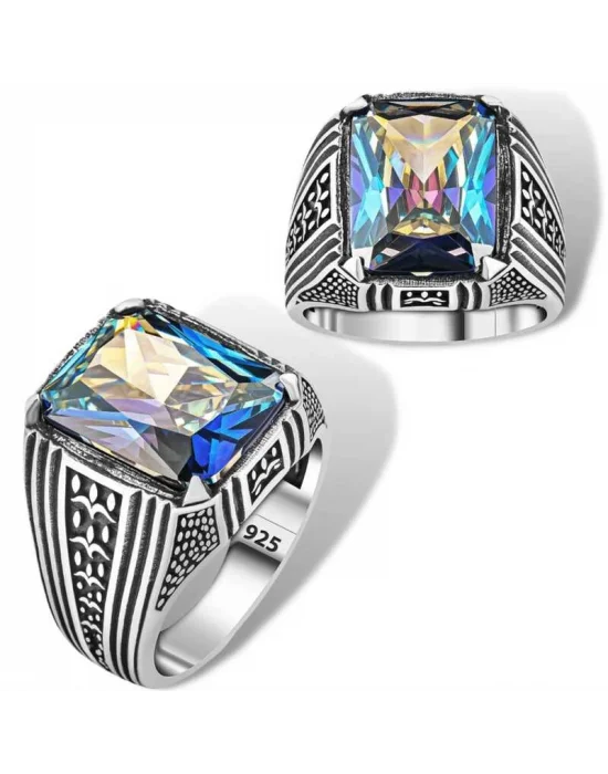 Gümüş Mistik Topaz Kare Erkek Yüzük