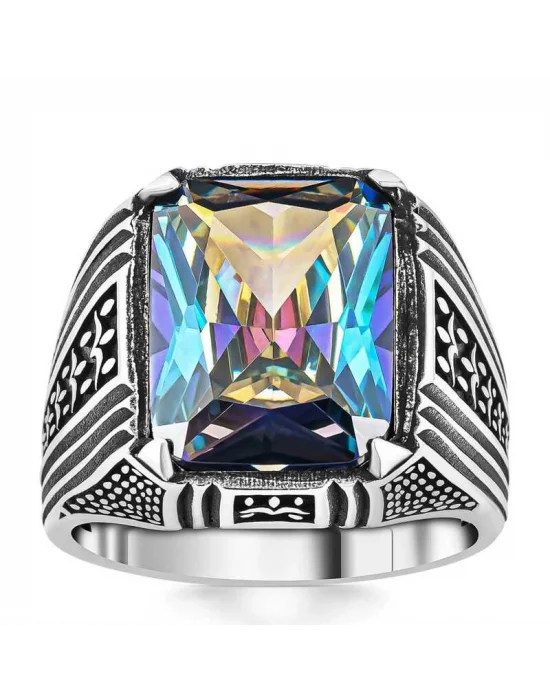 Gümüş Mistik Topaz Kare Erkek Yüzük
