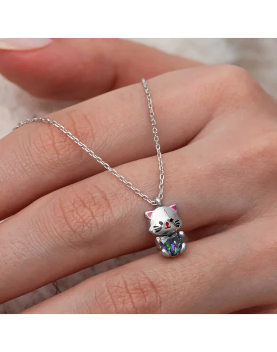 Gümüş Mistik Topaz Taşlı Sevimli Kedi Kolye
