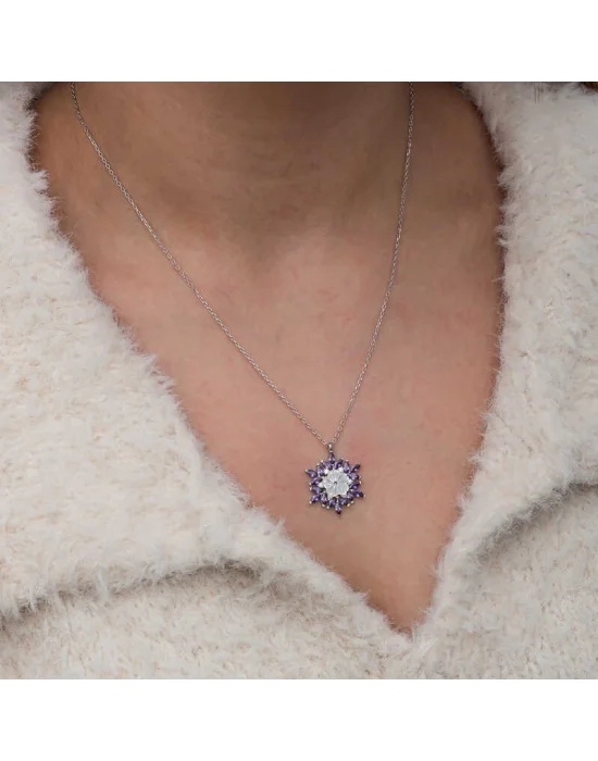 Gümüş Mor Lotus Desenli Çiçek Kadın Kolye