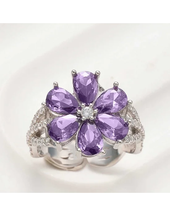 Gümüş Mor Sevgi Çiçeği Kadın Yüzük