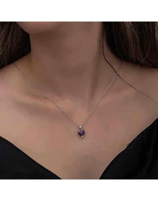 Gümüş Mor Taşlı Kalpli Kadın Kolye