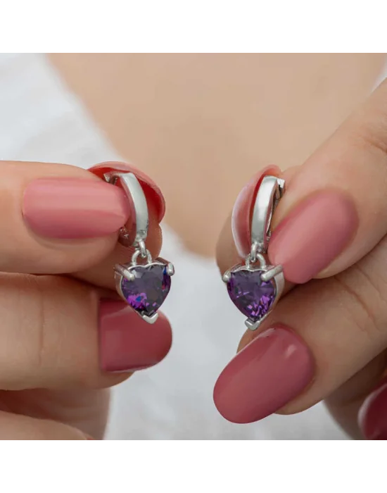 Gümüş Mor Taşlı Kalpli Kadın Küpe