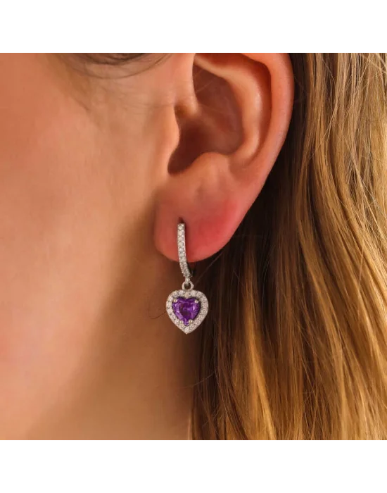 Gümüş Mor Taşlı Kalpli Kadın Küpe