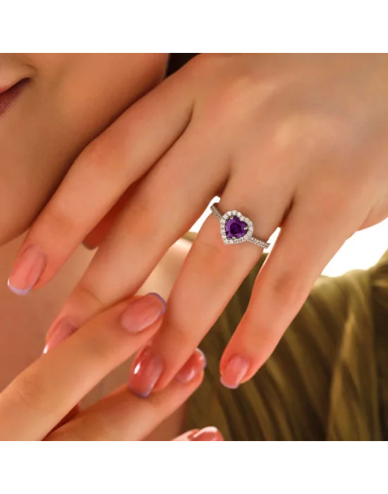 Gümüş Mor Taşlı Kalpli Kadın Yüzük