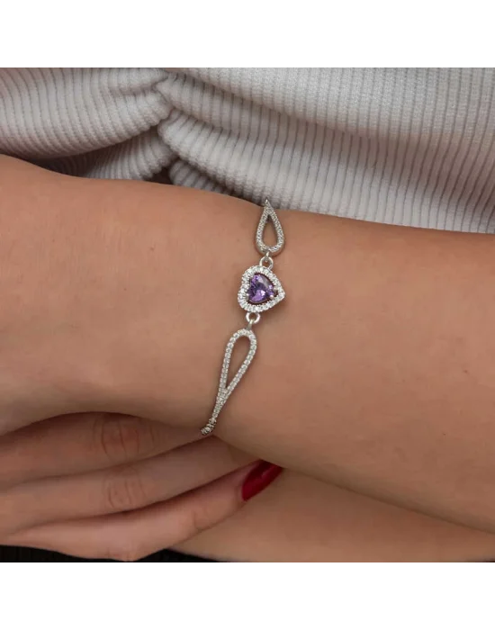 Gümüş Mor Zirkon Taşlı Kalp Bileklik