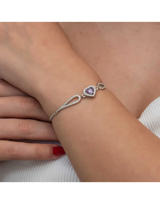 Gümüş Mor Zirkon Taşlı Kalp Bileklik
