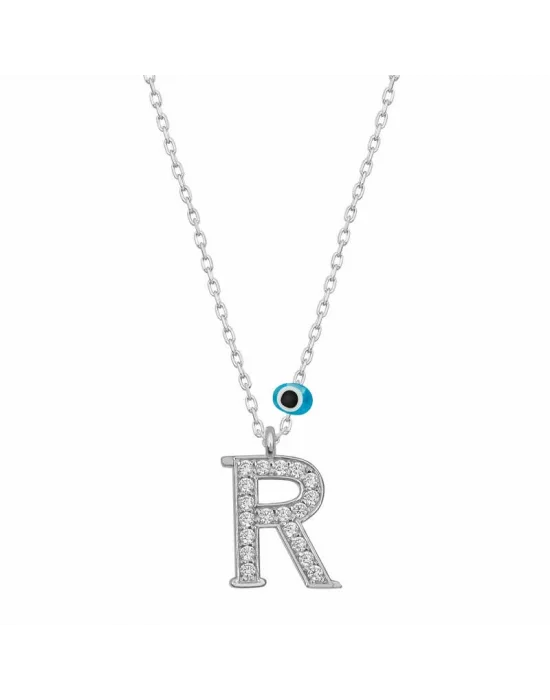 Gümüş Nazar Rodyum R Harfi Kadın Kolye
