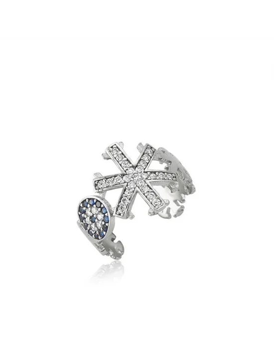 Gümüş Nazarlı Kar Tanesi Ayarlamalı Bayan Yüzük