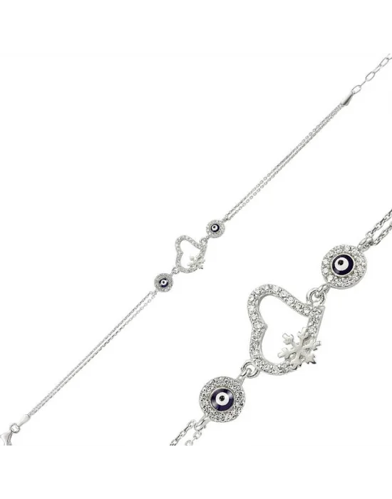 Gümüş Nazarlı Kar Tanesi Kalp Bileklik