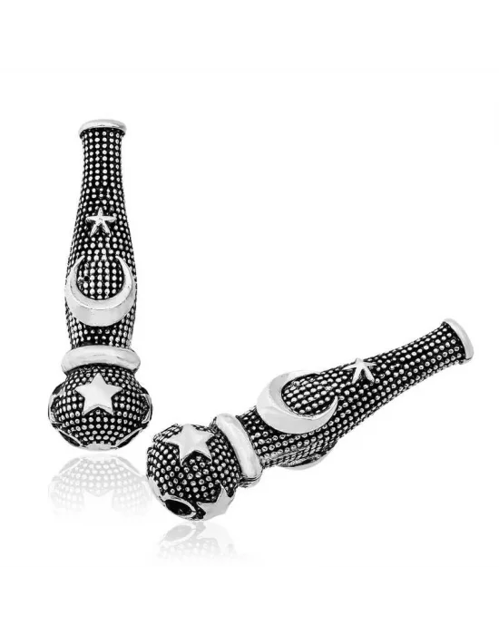 Gümüş Nokta İşlemeli Ayyıldız Motifli Tesbih İmamesi