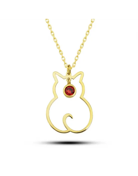 Gümüş Ocak Ayı Doğum Taşı Kedi Kadın Kolye