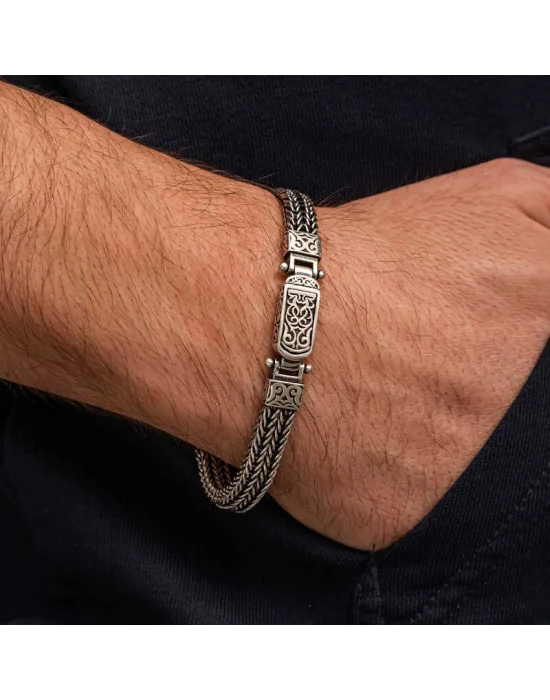 Gümüş Oksitli Desenli Erkek Bileklik