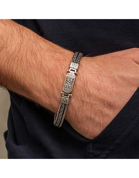 Gümüş Oksitli Desenli Erkek Bileklik