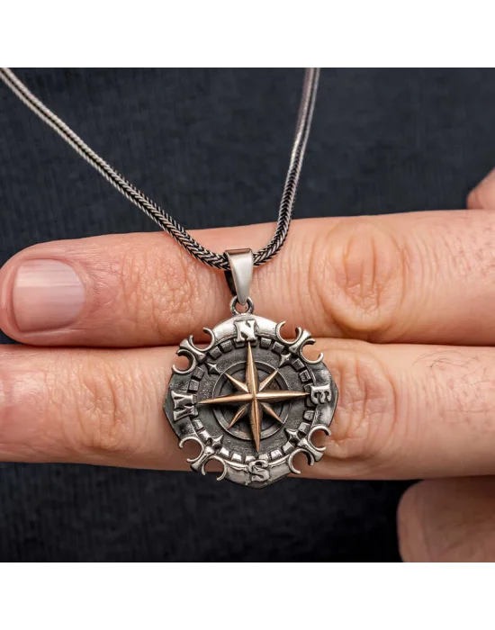 Gümüş Oksitli Pusula Erkek Kolye