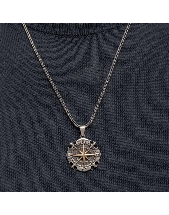 Gümüş Oksitli Pusula Erkek Kolye