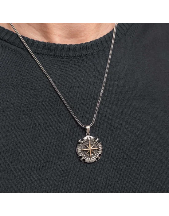 Gümüş Oksitli Pusula Erkek Kolye