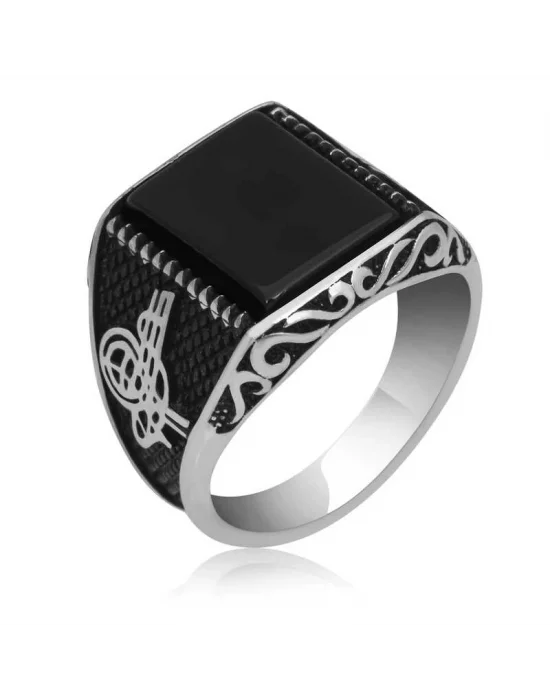 Gümüş Oniks Taşlı Tuğra Erkek Yüzük