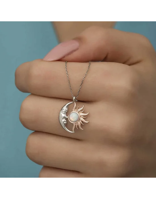 Gümüş Opal Beyaz Taşlı Ay Güneş Kadın Kolye