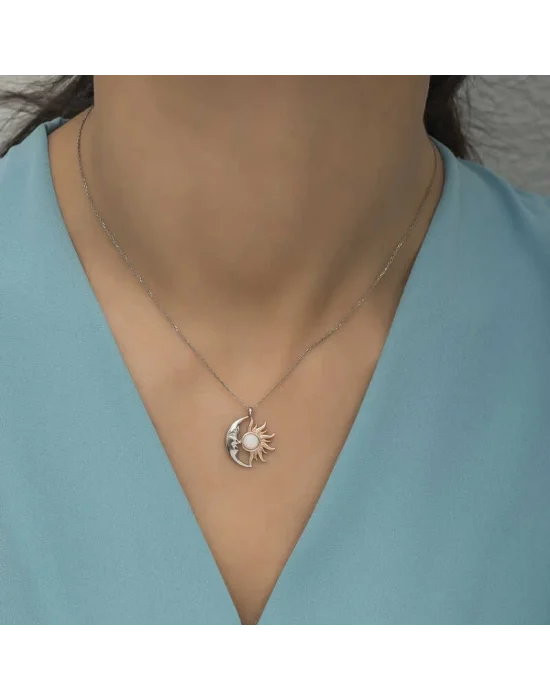 Gümüş Opal Beyaz Taşlı Ay Güneş Kadın Kolye