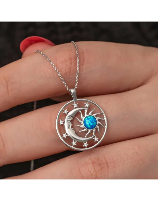 Gümüş Opal Mavi Taşlı Ay Güneş Kadın Kolye