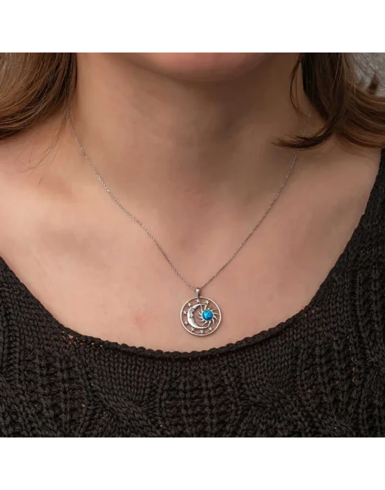 Gümüş Opal Mavi Taşlı Ay Güneş Kadın Kolye