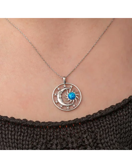 Gümüş Opal Mavi Taşlı Ay Güneş Kadın Kolye
