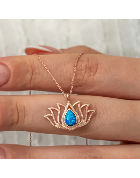 Gümüş Opal Taşlı Rose Lotus Çiçeği Kolye