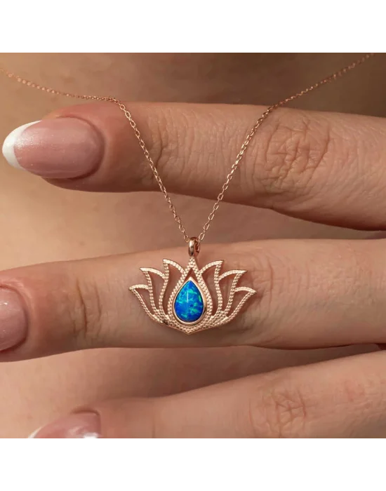 Gümüş Opal Taşlı Rose Lotus Çiçeği Kolye