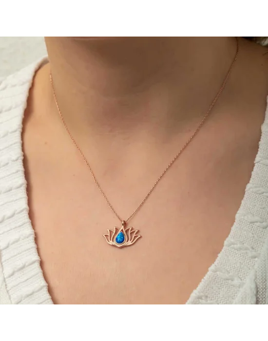 Gümüş Opal Taşlı Rose Lotus Çiçeği Kolye