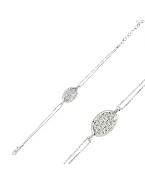 Gümüş Oval Beyaz Taşlı Bayan Bileklik