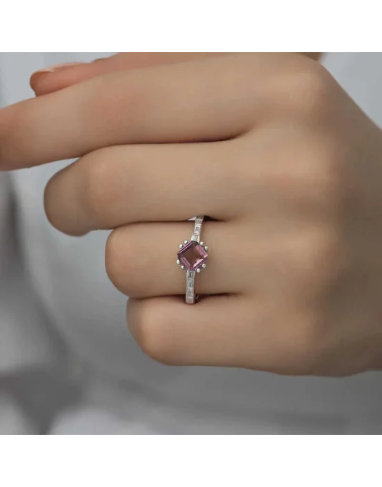 Gümüş Pembe Baget Tek Taş Kadın Yüzük