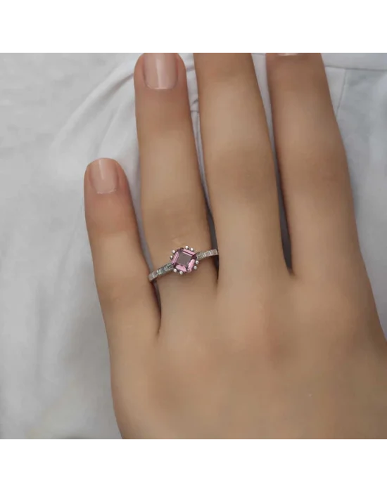 Gümüş Pembe Baget Tek Taş Kadın Yüzük