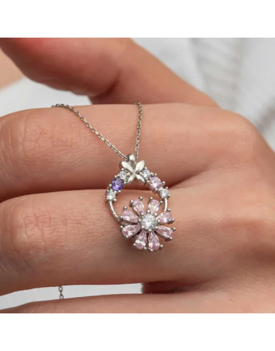 Gümüş Pembe Dönen Çiçek Kadın Kolye