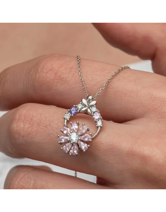 Gümüş Pembe Dönen Çiçek Kadın Kolye
