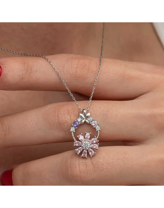Gümüş Pembe Dönen Çiçek Kadın Kolye