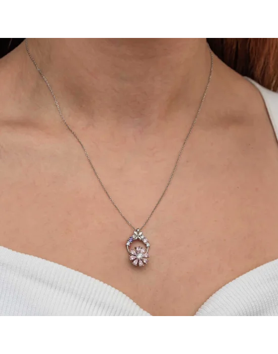 Gümüş Pembe Dönen Çiçek Kadın Kolye