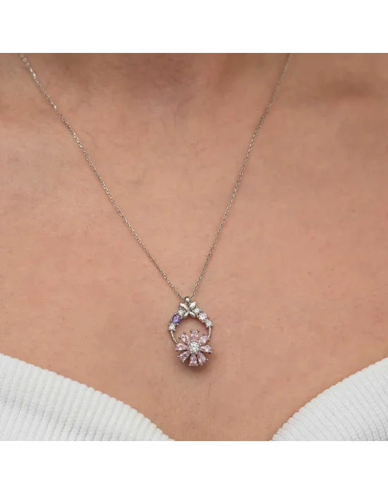 Gümüş Pembe Dönen Çiçek Kadın Kolye