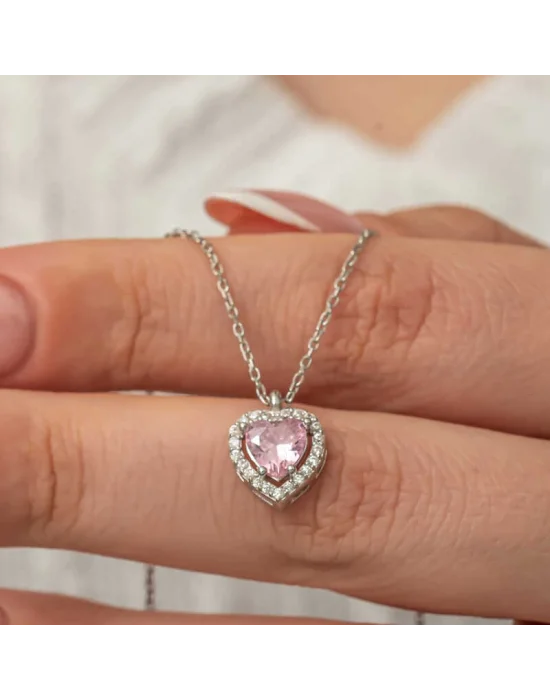 Gümüş Pembe Kalp Kadın Kolye