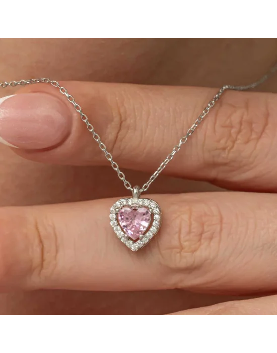 Gümüş Pembe Kalp Kadın Kolye