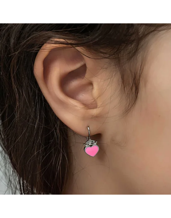 Gümüş Pembe Kalp Sallantılı Çocuk Küpe