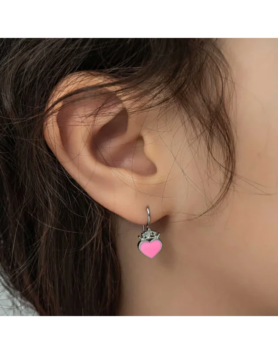 Gümüş Pembe Kalp Sallantılı Çocuk Küpe