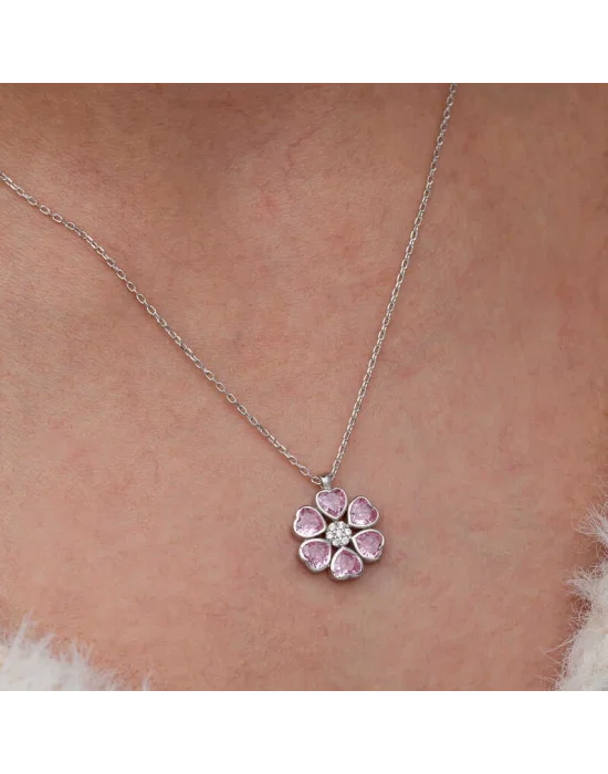 Gümüş Pembe Kalpli Çiçek Kadın Kolye