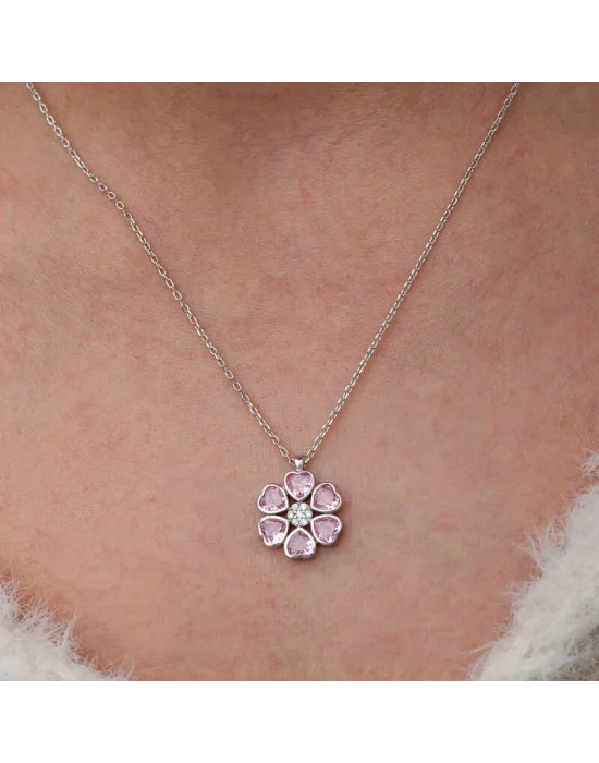 Gümüş Pembe Kalpli Çiçek Kadın Kolye