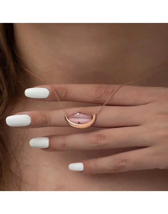 Gümüş Pembe Kedi Gözü Taşlı Hilal Kolye